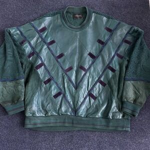 Vintage 90s Saxony Collection Sweater Mens 2XB Green Leather Front Knit Pullover